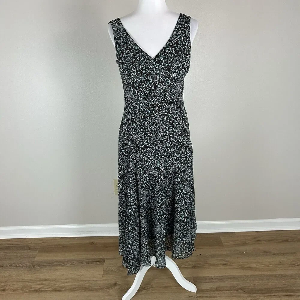 Jones Wear Blue Mosaic Flowy Shift Dress Size 6 Midi Asymmetrical 90s Fairy Vtg
